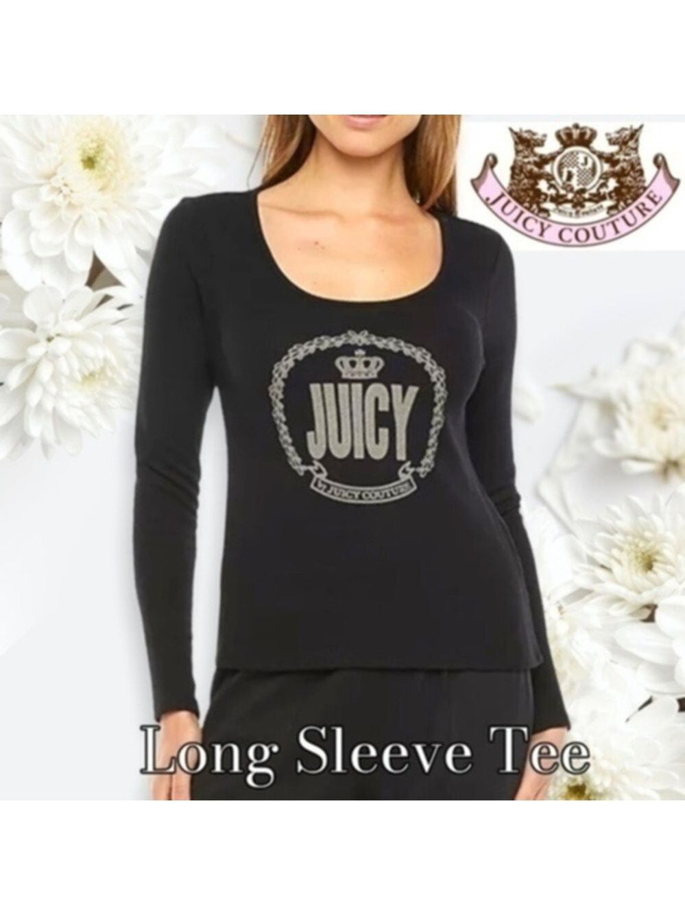 JUICY COUTURE Long Sleeve Front Logo Scoop Neck Fitted Waffle Top-Black/Md NWT